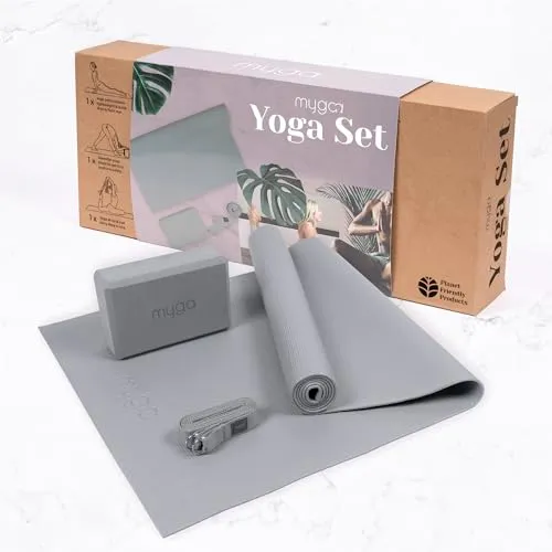 Myga Yoga Starter Kit | Komplettes Set mit Yogamatte, Yogablock & Gurt | Rutschfest & Unterstützend | Ideal für Anfänger & Zuhause sowie Reisen | Grau