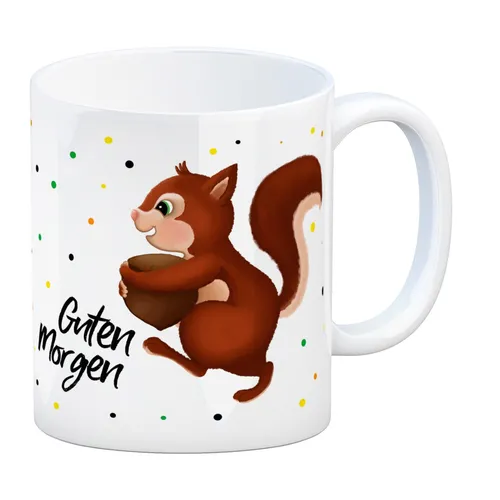 Kaffeebecher mit Eichhörnchen Motiv und Spruch: Guten Morgen Kaffeetasse Tasse