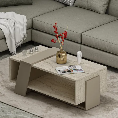 HOMIDEA Melisa Couchtisch – Moderner Sofatisch und Wohnzimmertisch mit Ablagefläche – 91,8 x 48,8 x 35 cm (Travertin/Beige)