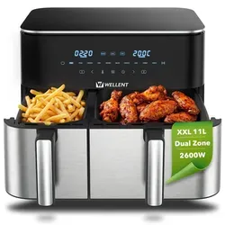 WELLENT XXL Heißluftfritteuse 11L Dual Zone, Airfryer 2600W mit 2 Körben, 10 Programme,LED Touch – 80-200°C – Spülmaschinenfest – Ohne PFAS - Schwarz