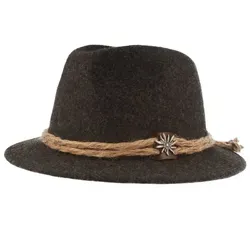 Breiter Filzhut mit Edelweiß und grober Kordel - Trachten Filzhut, ideal für festliche Anlässe, mit stilvollem Edelweiß auf Lederpatch und grober Kordel, aus 100% Wolle für besten Tragekomfort.