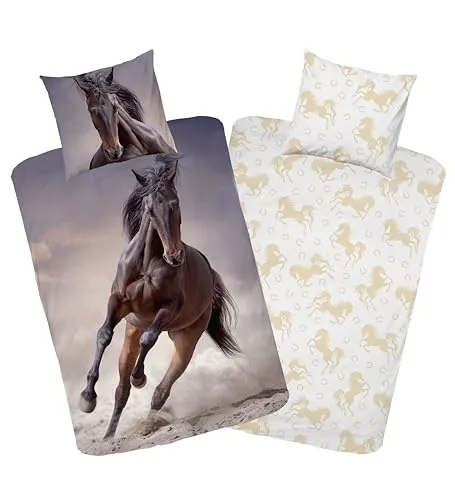 MTOnlinehandel Pferde Bettwäsche Set 135x200 - Bettwaren-Set für Kinder mit zauberhaftem Pferde-Motiv, aus 100% hochwertiger Baumwolle für langanhaltenden Komfort und traumhafte Atmosphäre im Schlafzimmer.