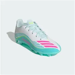 adidas F50 Messi Club Fußballschuhe für Kinder - Leichte Fußballschuhe für festen und vielseitigen Einsatz, ideal für junge Spieler mit einem stylischen Design in Weiß und Pink.
