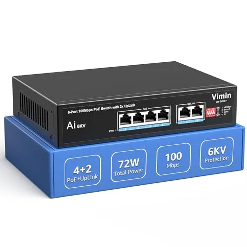 6-Port PoE Switch mit 4 PoE Ports, VIMIN 4-Port Unmanaged 10/100Mbit/s Netzwerk PoE Switch mit 2 Uplink Ports, AI Wachhund, VLAN, Erweiterung auf 250 m, Unterstützung von IEEE802.3af/at, 72 W