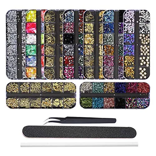 EBANKU 9 Boxen Nagel Art Strassstein Glitter Strass, Nagel Kristalle Rückseite Edelsteine Dekoration, mit Pinzette, Picking Pen und Nagelfeile