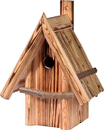 dobar® 13070e Nistkasten Hexenhaus für Wildvögel - Nistkasten aus robustem Kiefernholz mit geflammter Oberfläche für Wetterbeständigkeit. Ideal für Höhlenbrüter, einfach zu reinigen und in Handarbeit gefertigt.