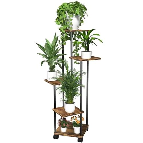 GBLAVM 5 Tier Hölzern Blumenständer Pflanzenregal Mit Abnehmbaren Rollen, Mehrstöckig Pflanzenständer Blumenregal Blumentreppe Pflanzentreppe Blumenbank Für Innen und Außenbereich Garten Balkon Deko