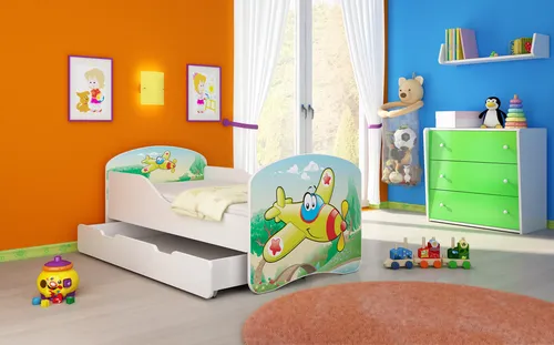 ACMA I Jugendbett Kinderbett Junior-Bett Komplett-Set mit Matratze Lattenrost Weiß 29 Flugzeug 140x70 + Bettkasten
