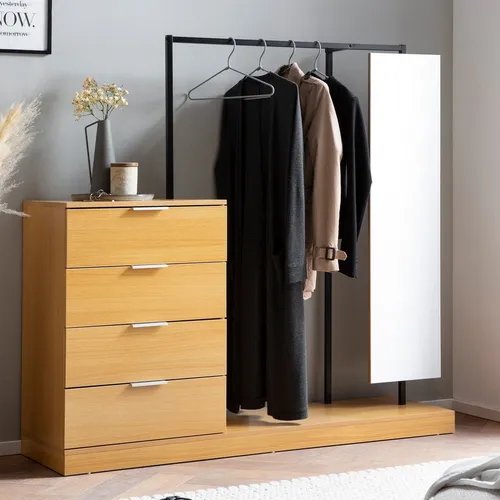 Garderobe FineBuy Kleiderschrank Eiche 145 cm - Wandgarderobe mit modernem Design, ausgestattet mit Spiegel und Kleiderstange, perfekt für platzsparende Lösungen im Flur oder Eingangsbereich.