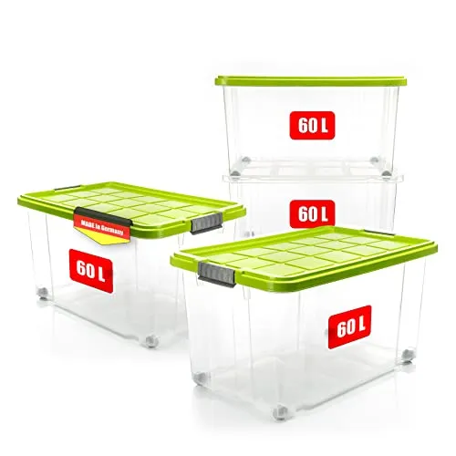 BigDean 4er Set 60 L Aufbewahrungsboxen mit Deckel - Stapelbar & Rollbar in Limegrün - Aufbewahrungsbehälter mit Deckel: Robuste, BPA-freie Boxen, ideal für Haushalt und Garten. Mit Rollen für einfachen Transport und festem Verschluss für sicheren Inhalt. Made in Germany.