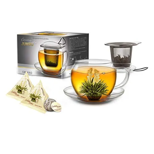 Creano XXL Teetasse mit Henkel Jumbo mit integriertem Edelstahlsieb, Deckel und Untersetzer im Set mit 2 ErblühTeelini, 450ml