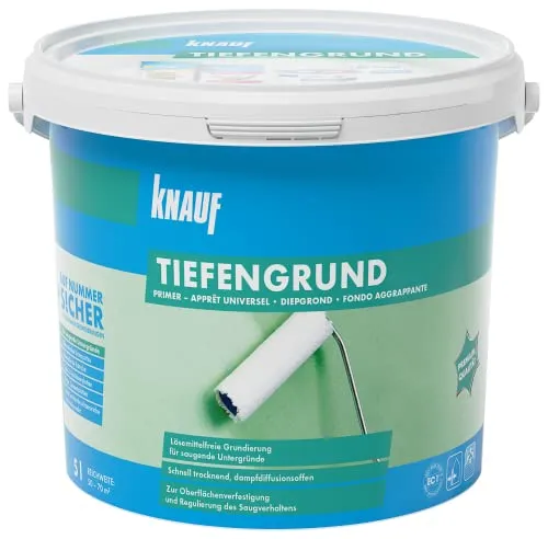 Knauf Tiefengrund 5 l - Hochwertiger Tiefengrund für optimale Haftung - Wandreparatur-Kits & Wandreparatur-Produkte, sorgt für perfekte Grundierung und verbessert die Haftung von Farbe und Putz.