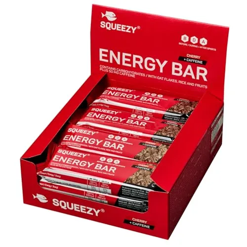 Squeezy Energy Bar (Kirsche + Koffein) 12er Pack - Ausdauer- & Energieriegel mit 50 mg Koffein pro Riegel für schnellen Energie-Kick und optimale Verträglichkeit, ideal für Sportler während des Trainings und Wettkampfs.
