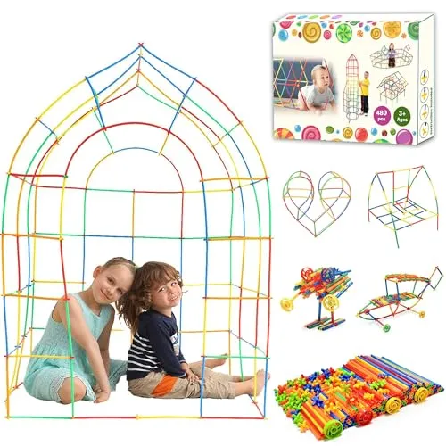 SIENIANLINE Verbinder Bauspielzeug 480 Teile Verbinder Set（Enthält 96 Tube, 76·5 Verbinder und 4 Räder）
