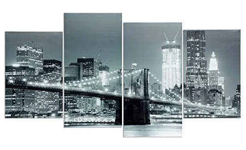 levandeo Wandbild 4 teilig 130x70cm - New York Brooklyn Bridge USA Amerika leuchtend bei Nacht Panorama Brücke - 4 Leinwandbilder im Set Bild Leinwand