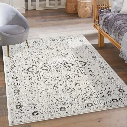 carpet city Kurzflor Teppich Grau, Creme - 200x290 cm - Teppiche für Wohnzimmer mit 3D-Hochtief-Musterung, die modernen Stil und Komfort vereint. Pflegeleicht und vielseitig einsetzbar - ideal für jeden Raum!