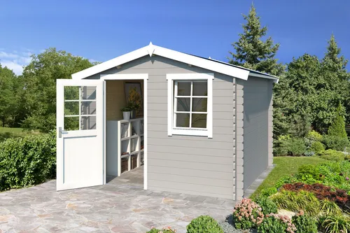 Gartenhaus Blockhaus Satteldach 28 mm Nina 275 grau 295x295 cm - Gartenhaus aus robustem Holz mit abschließbarer Einzeltür und einem modernen Satteldach. Ideal für Gartenlagerung und Freizeitnutzung mit einer großzügigen Fläche von 7,26 m².