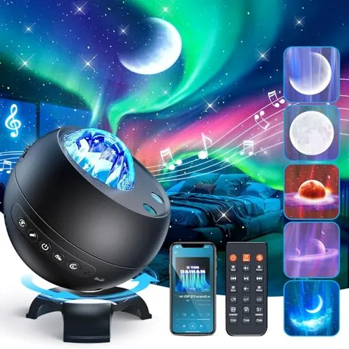 COOLNIGHT Sternenhimmel Projektor, Nachtlicht mit 15 Farben+5 Monde, Polarlicht Lampe mit Einschlafmusik+Bluetooth, Zimmer Deko für Decke mit Fernbedienung, Muttertagsgeschenke für Mama (Schwarz)