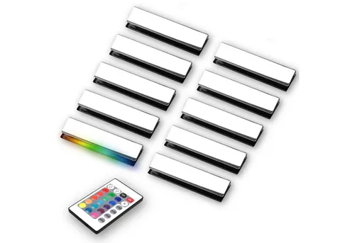 kalb | LED RGB Glaskantenbeleuchtung 10er Set für Vitrinen - 10er Set RGB Glaskantenbeleuchtung für eine stilvolle Möbelaufwertung. Einfache Montage und steuerbar per Fernbedienung oder App. Ideal für Glasböden von 5-8 mm Stärke.