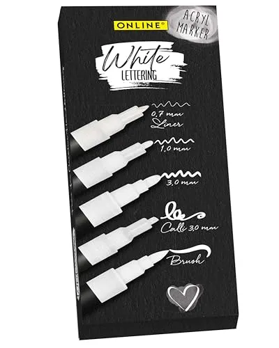Online Pen Fineliner White Lettering - 5 weiße Acryl-Stifte für Handlettering, deckend und vielseitig einsetzbar für kreative Projekte
