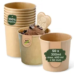 BIOZOYG 50 Stück Eisbecher Pappe 300 ml braun - umweltfreundlich, recycelbar, plastikfrei - Joghurtbecher, Papierbecher