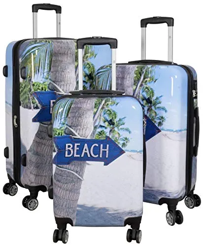 Trendyshop365 Hartschale Koffer-Set mit Motiv 3-teilig Beach 4 Räder Bunt Strand Zahlenschloss