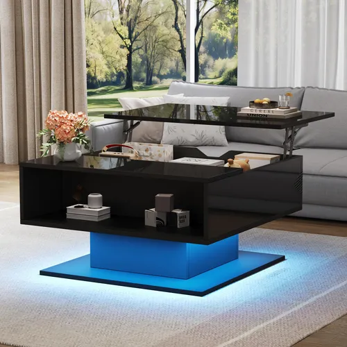 okwish Couchtisch 80×77 cm Schwarz Hochglanz höhenverstellbar mit LED
