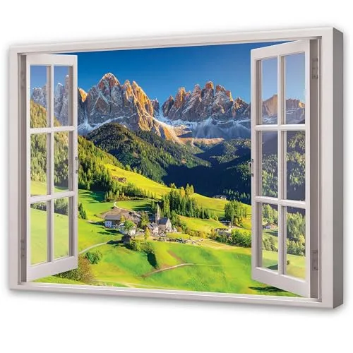 WallArena - Leinwand Bilder - Fensterbilck Berge Alpen Natur Landschaft - 80x60 cm Leinwandbilder Bild auf leinwand Wandbild XXL groß Wandbilder für Wohnzimmer Schlafzimmer Wohnzimmerbilder Modern