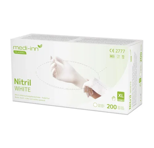 Medi-Inn® Nitril Handschuhe XL, puderfrei, weiß - Medizinische Qualität Einmalhandschuhe aus Nitril, ideal für Reinigung, Altenpflege und Lebensmittelbereich. Mit Gripstruktur für bessere Haftung auf nassen Oberflächen.