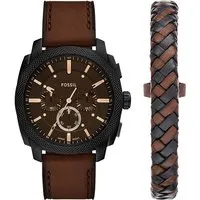 Fossil Chronograph MACHINE FS6102SET - 2-tlg. Set mit Lederarmband - Chronographen mit Quarz-Antrieb und Leuchtzeigern, ideal als Geschenk. Wasserdicht bis 5 bar, stilvolles Design in schwarz und braun.
