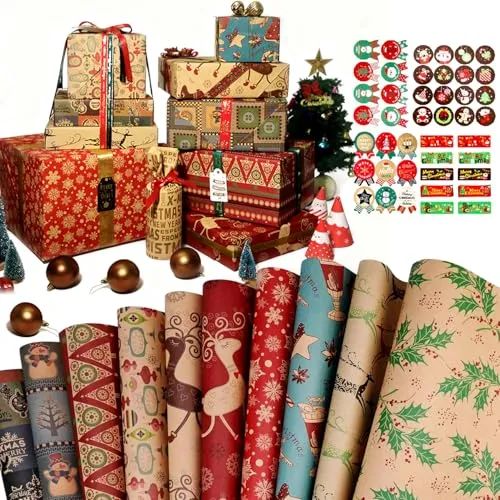 Geschenkpapier Weihnachten aus Kraftpapier 70x50cm, Bst4U 15 Blatt Weihnachtsgeschenkpapier mit 43 Aufklebern,11 Ausführung, Recycling,Weihnachtspapier Set für Geschenkverpackung Weihnachten