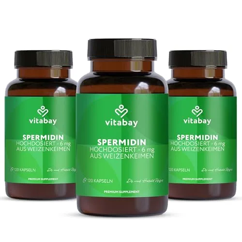 Vitabay Spermidin Kapseln Hochdosiert 6mg - 360 Vegane Kapseln Spermidine aus Weizenkeimen - Reines Weizenkeime Spermidin - Laborgeprüft & ohne unerwünschte Zusätze