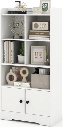 COSTWAY Mehrzweckregal mit Türen, kleines Bücherregal mit 5 Ablagefächern und 2 Schränken, freistehende Vitrine weiß