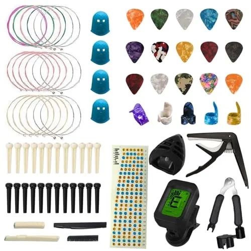 Produktbild TTCR-II Gitarrenzubehör, 75 Pcs Gitarren Zubehör Set mit Gitarrenstimmgerät, Capo Gitarre,15 Gitarre Plektrum,3 Set Gitarrensaiten Akustikgitarre,5 Fingerpicks,4 Fingerkuppenschutz, Gitarren Aufkleber