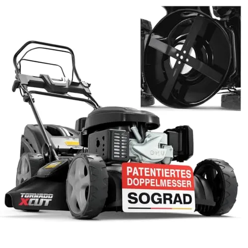 ONBEST 5IN1 Benzin Rasenmäher mit 4 Klingenschneidsystem - Sichelmäher mit 4-Klingen Schneidsystem für perfektes Schnittergebnis. 51 cm Schnittbreite, 60L Fangkorb und leistungsstarker 4-Takt Motor für effizientes Rasenmähen.