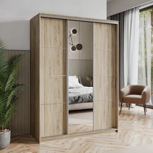 Masseno Schiebetürenschrank VARO 150 cm mit Spiegel - Schiebetürenschrank in Sonoma Eiche, 3-türig mit 4 Schubladen und großem Spiegel – optimaler Stauraum und modernes Design für Ihr Schlafzimmer.