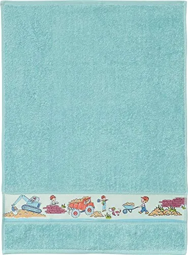 Erwin Müller Walk-Frottier Kinder-Handtuch mit Baustellen-Bordüre türkis Größe 50x70 cm - schnell trocknend und extra saugstark, mit beidseitige Schlaufen
