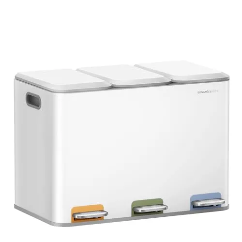 SONGMICS HOME Mülleimer Küche, 3 x 15 L Fächer, Abfalleimer mit farbcodierbaren Pedalen, Mülltrennsystem, mit Deckeln und Inneneimern, Stahl, wolkenweiß LTB740W02V1