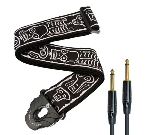 Planet Waves Gitarrengurt Skull mit Klinkenkabel - Gitarrengurt mit patentiertem Planet Lock System für einfachen Wechsel, verstellbar von 35 Zoll bis 59,5 Zoll, inklusive 3m Klinkenkabel für rauschfreien Klang.