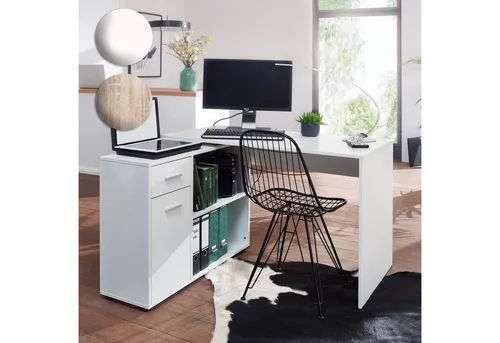 FINEBUY Schreibtisch SuVa11890_1 - Eckschreibtisch (120 x 75,5 x 106,5 cm) in Weiß, ideal für Home Office mit 1 Schublade und 4 Ablageböden für optimale Organisation.