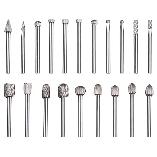 HPMAISON 20tlg. HSS Drehfräser Set für Rotary Tool, 3mm Schaft Holzschnitzerei Bohrer Set für DIY Holzarbeiten, Schnitzen, Gravieren, Bohren
