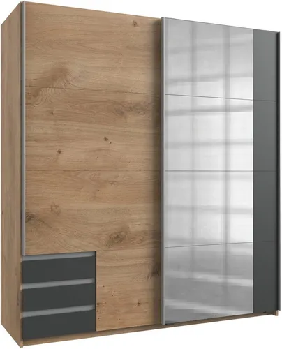 Wimex Schwebetürenschrank Emden - Schwebetürenschrank in Plankeneiche Nachbildung/Graphit, mit 5 Einlegeböden und 3 Schubladen für optimalen Stauraum – ideal für Ihr Schlafzimmer.