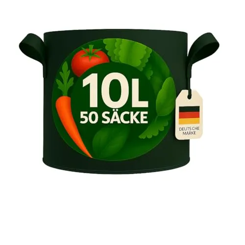 König Design 50x 10L Pflanzsack aus Vlies Stoff - Optimal für Balkon und Garten - Pflanzenwachstumstaschen: 50er Set aus starkem 300 g/m² Vliesstoff, ideal für Gemüse und Blumen mit optimaler Luft- und Wasserzirkulation für gesundes Wurzelwachstum.
