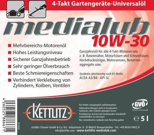KETTLITZ-Medialub 10W-30 Gartengeräte-Universalöl API SL - 5 Liter Gebinde