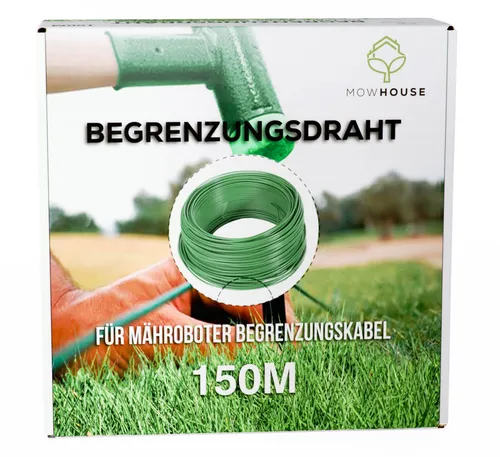 MOWHOUSE Mähroboter Begrenzungsdraht 150m - Begrenzungskabel für Mähroboter, 150m lang und 2,7mm dick, ideal zur sicheren Abgrenzung Ihres Rasens. Praktische Box mit Abrollhilfe erleichtert das Verlegen. Kompatibel mit allen Mährobotermarken.