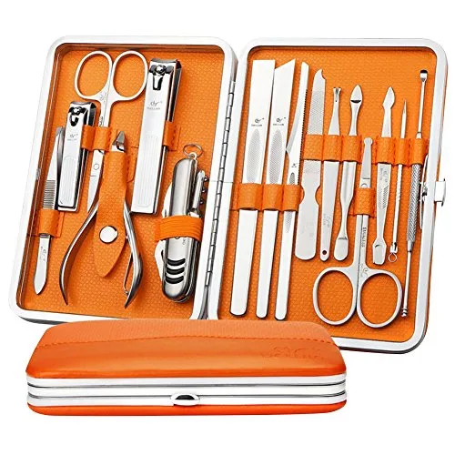 DEBAIJIA 16-teiliges Nagelknipser-Set, Maniküre, Pediküre, aus Edelstahl, Luxusetui aus echtem Leder, Pflege des Gesichts, persönliches Werkzeug, Nagelpflege, Pflegeset, Orange