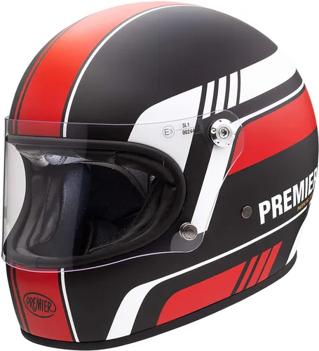 Premier Trophy BL Integralhelm - Matt Schwarz/Rot/Weiß - S - Motorradhelm im Retro-Stil, kombiniert mit modernster Sicherheitstechnik und 5 Jahren erweiterter Garantie. Ideal für Liebhaber klassischer Designs.