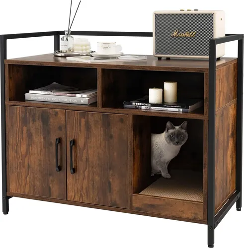GOPLUS Katzentoilette, Katzenschrank mit Doppeltüren & stabilem Metallrahmen & Kratzbrett & 2 Fächern, Katzenhaus für Katzen Hunde