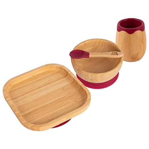 Tiny Dining Baby-Fütterungsset – quadratisch – rot – 4-teilig – geteilter, rutschfester, selbsternährender Baby-Entwöhnungsteller, Schüssel, Trinkbecher und Löffel aus Bambus für Babys