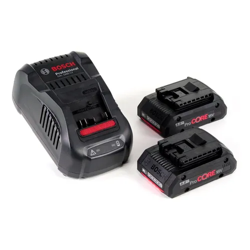 Bosch Professional 18V System Akku Starter-Set - Akkuschrauber Set mit 2x ProCORE18V 4.0Ah Akkus und Schnellladegerät, bietet 87 % mehr Leistung und extrem schnelle Aufladung in nur 35 Minuten.